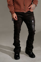 VICIOUS WAX PANTS COATED DENIM FLARED FIT VC628 BROWN
