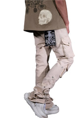 VICIOUS MULTI CARGO FLARE JEANS W/ METAL RIVET DETAIL VC678 LIGHT BEIGE