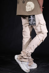 VICIOUS MULTI CARGO FLARE JEANS W/ METAL RIVET DETAIL VC678 LIGHT BEIGE
