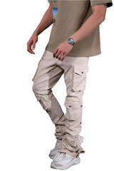 VICIOUS MULTI CARGO FLARE JEANS W/ METAL RIVET DETAIL VC678 LIGHT BEIGE