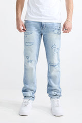 M.SOCIETY MEN'S STACKED FIT RIP AND REPAIR JEANS LT BLUE MS-80411