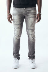 M.SOCIETY MEN'S STACKED FIT RIP AND REPAIR JEANS LIGHT GREY MS-80551