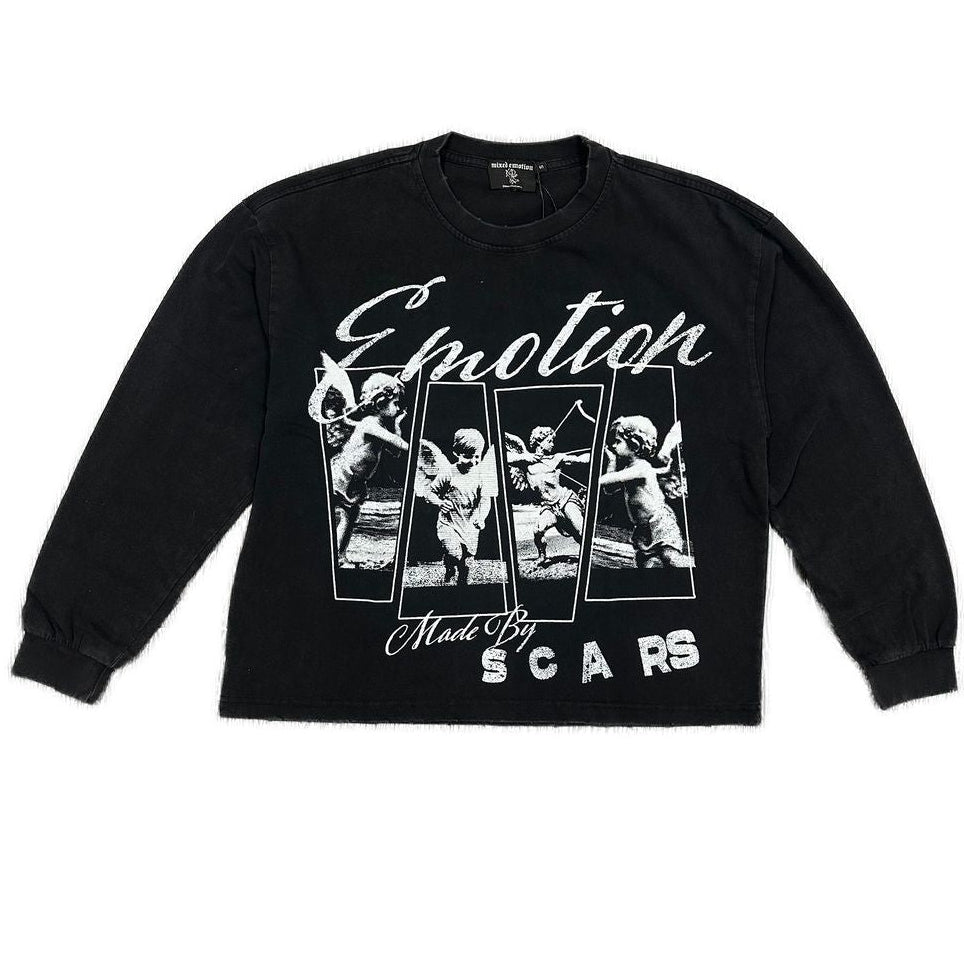 Black sweatshirt with graphic design and text on a white background