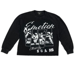 Black sweatshirt with graphic design and text on a white background