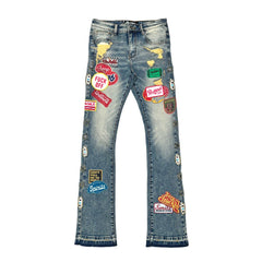 VICIOUS PANTS PREMIUM SKINNY BOOT CUT DENIM / PATCHES ALL OVER