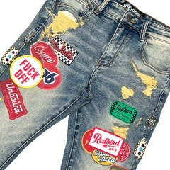 VICIOUS PANTS PREMIUM SKINNY BOOT CUT DENIM / PATCHES ALL OVER