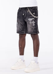 GUAPI Obsidian Black Faded Cross Denim Shorts