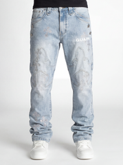 GUAPI PANTS Aqua Blue Cross Straight Leg Denim