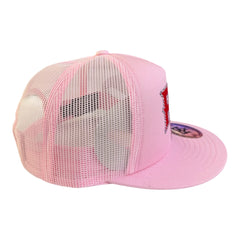 RIVOR R3BELDE all-pink TRUCKER hat with red RHINESTONE logo