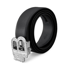 BAROCCO BELT Flat Leather Auto Bkl Belt – Silver Ed.-Silver/Black