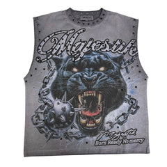 MAJESTIK shirt GARMENT DYE DTG PRINTED SLVLSS TEE W/RHINESTONE
