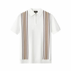 BAROCCO Retro Stripe Men's Zip Knit Polo - Black/Khaki