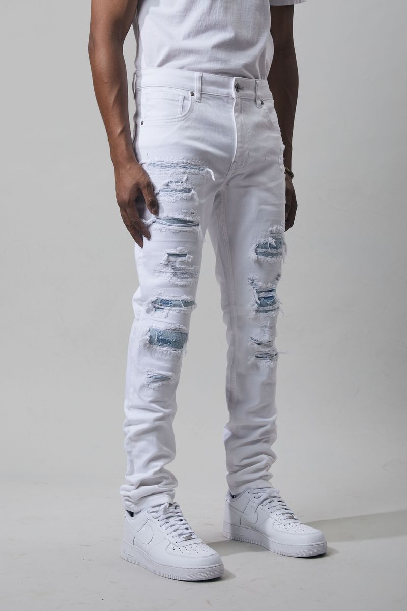 Vaqueros de mezclilla para hombre M SOCIETY con roturas y reparaciones MS-80349 BLANCO