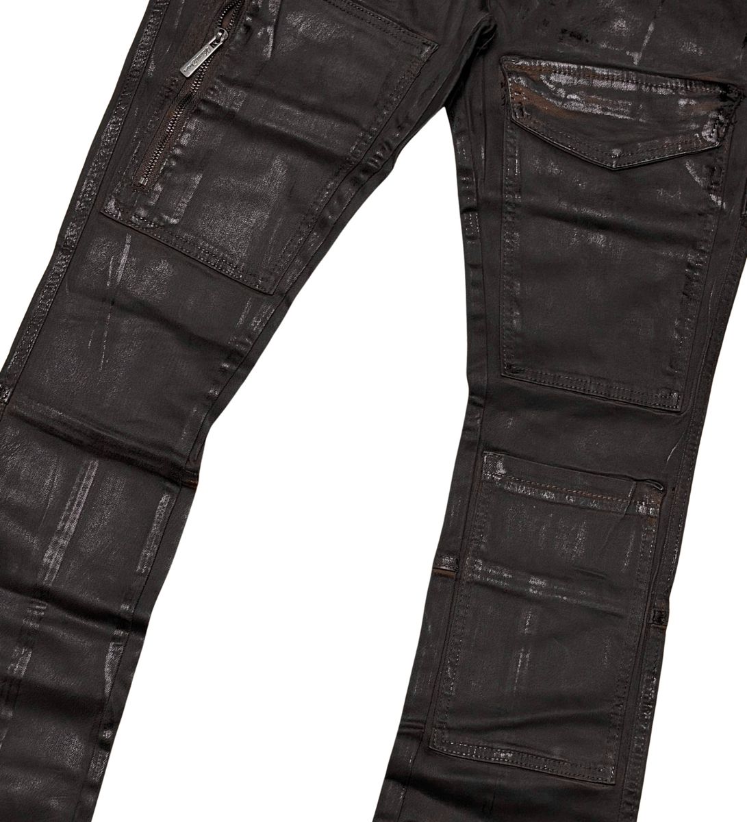 VICIOUS WAX PANTS COATED DENIM FLARED FIT VC628 BROWN