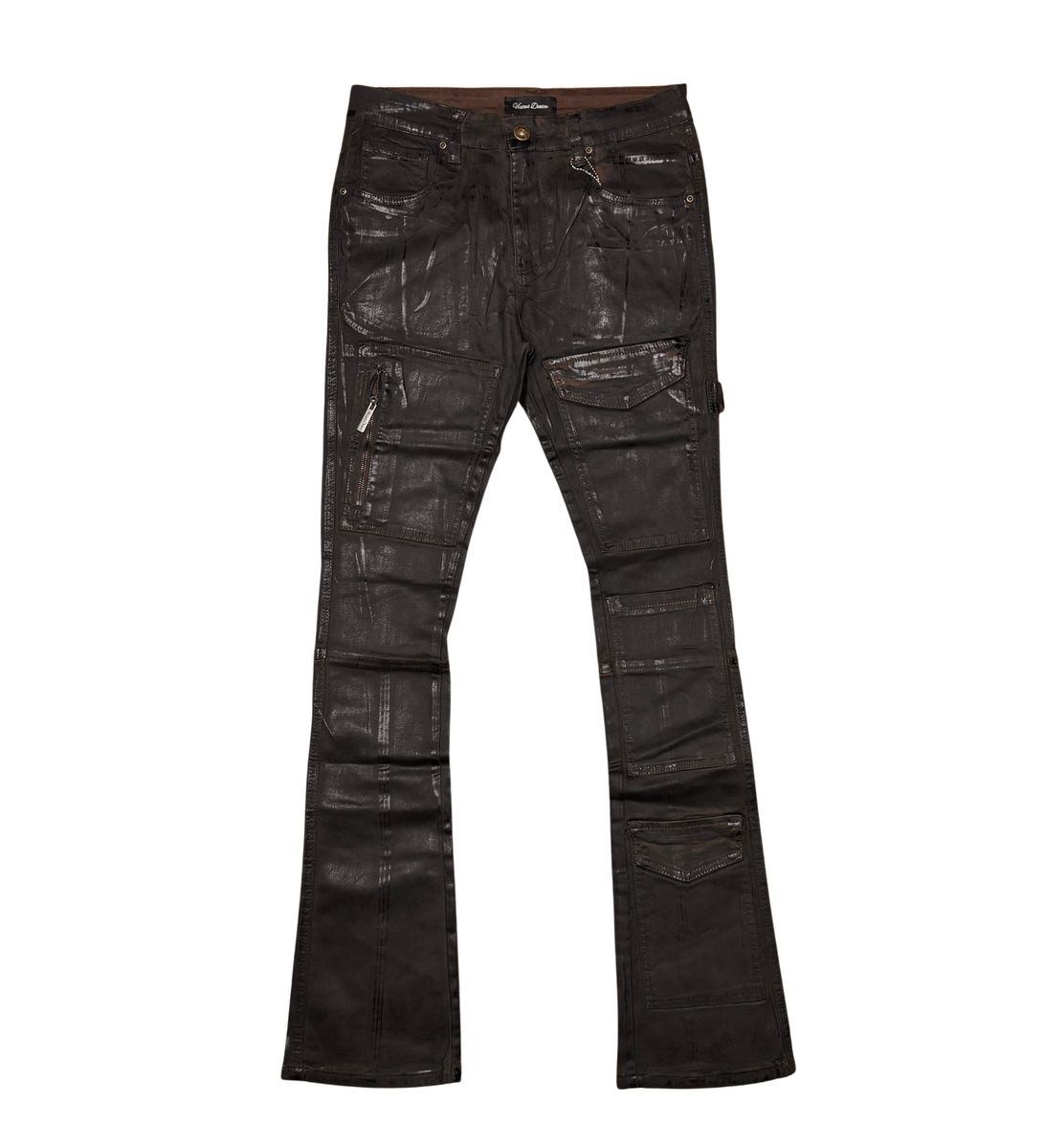 VICIOUS WAX PANTS COATED DENIM FLARED FIT VC628 BROWN