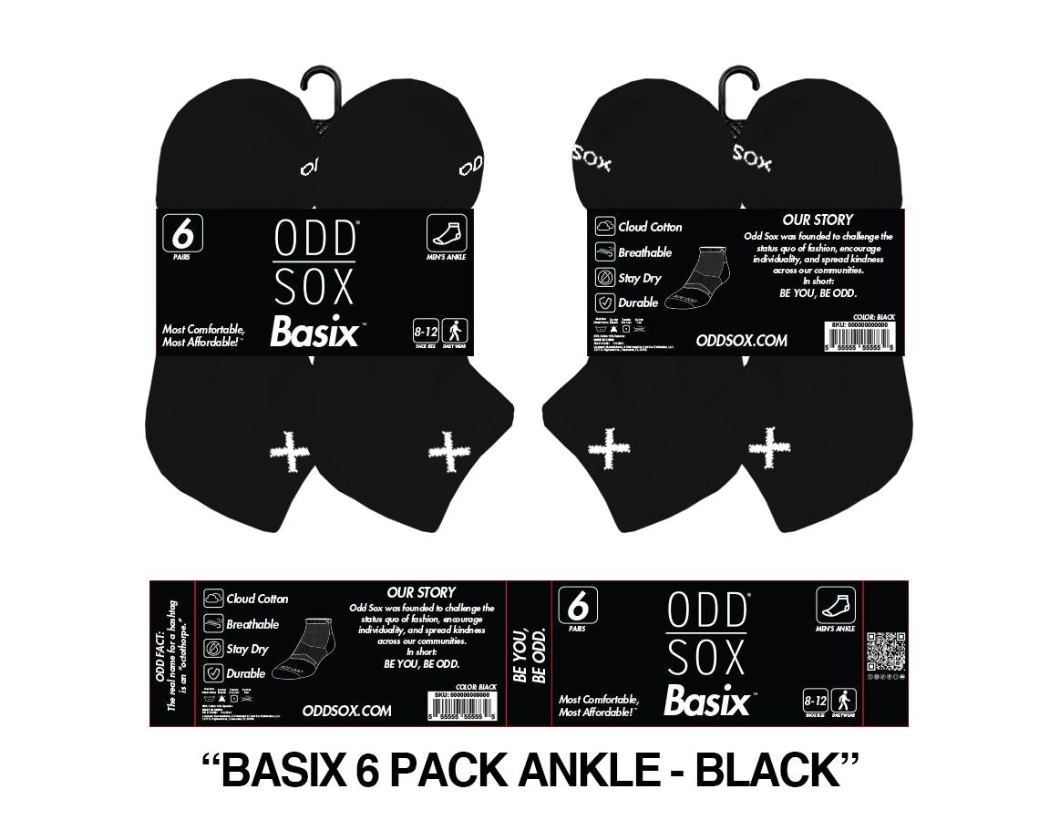 ODD SOX Ankle Sox Basix 6 Pack  Black (39587BXM6PKAB)
