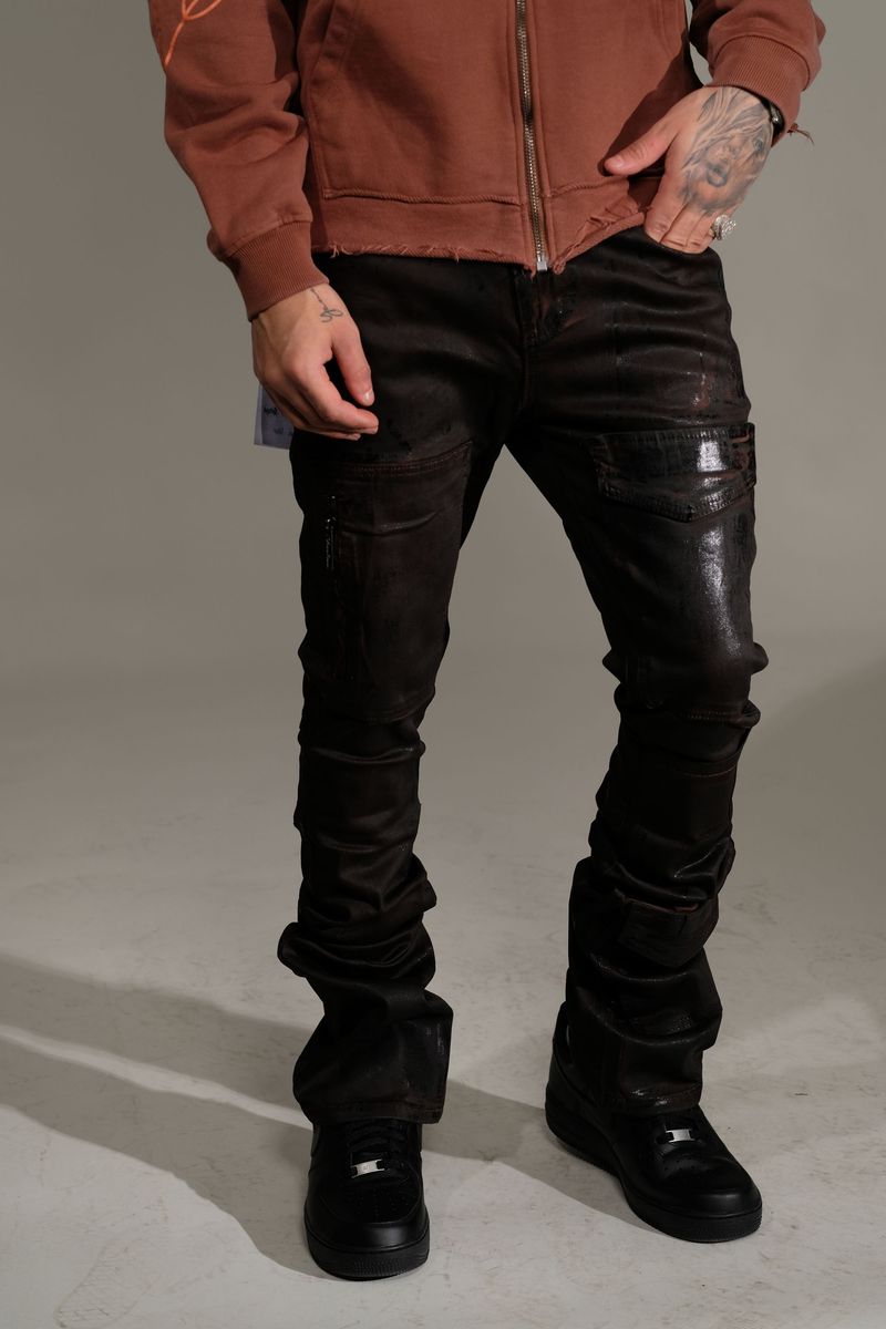 VICIOUS WAX PANTS COATED DENIM FLARED FIT VC628 BROWN
