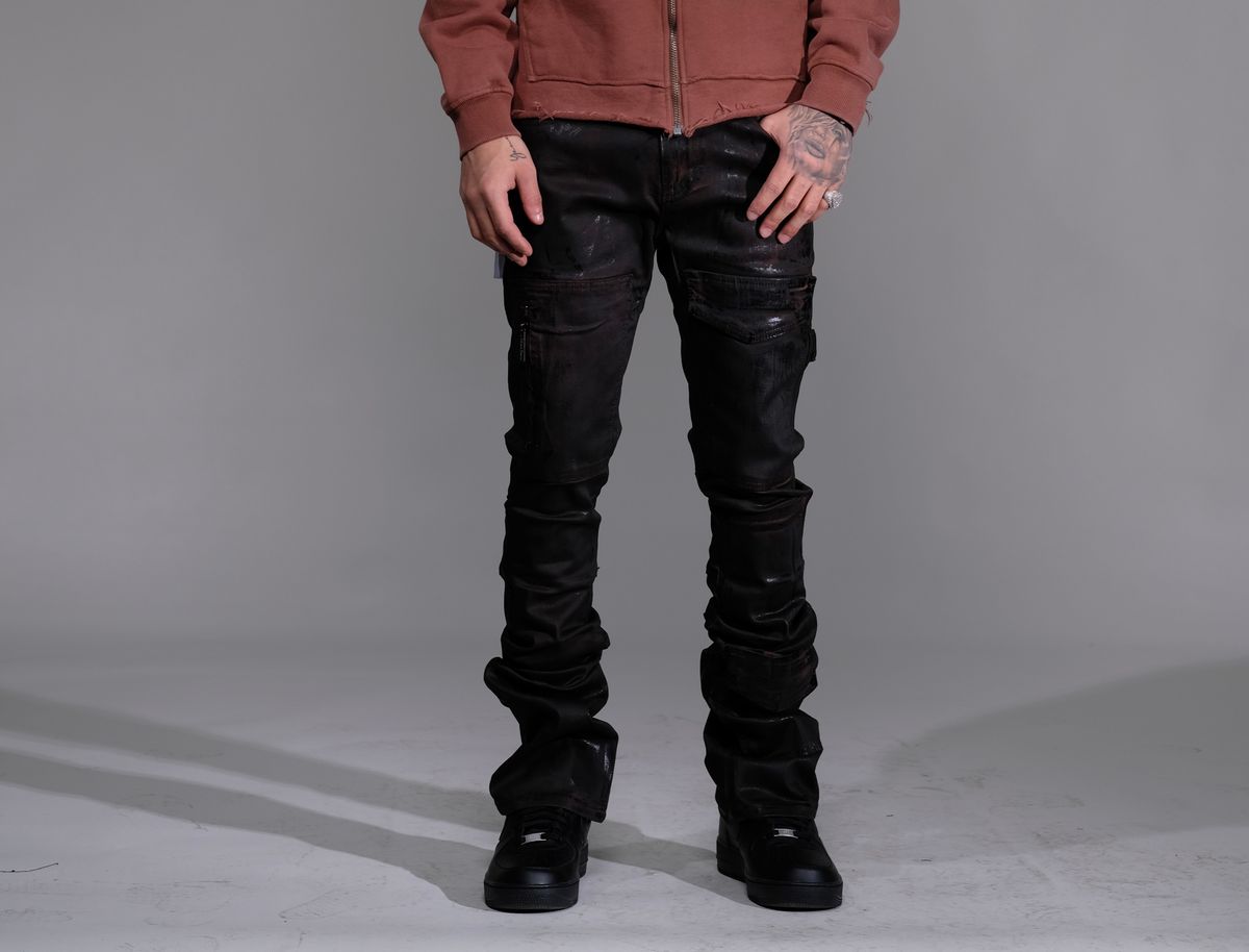 VICIOUS WAX PANTS COATED DENIM FLARED FIT VC628 BROWN