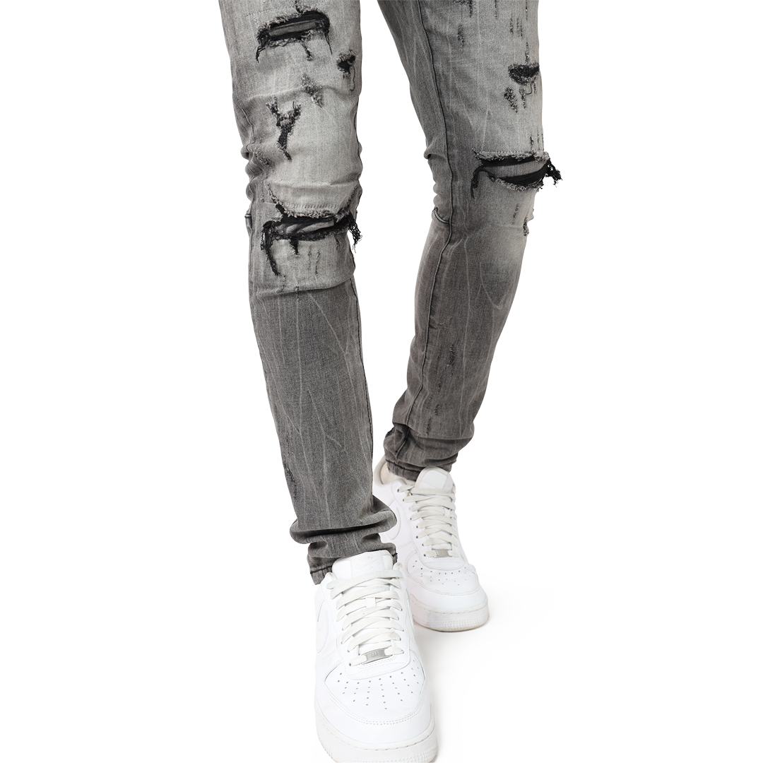 SMOKE RISE DISTRESSED RIP & REPAIR S.SKINNY JEAN PLUTO GREY(JP23103)