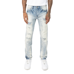 Vaqueros vintage Smoke Rise con roturas y reparación, JP25211, azul acuario