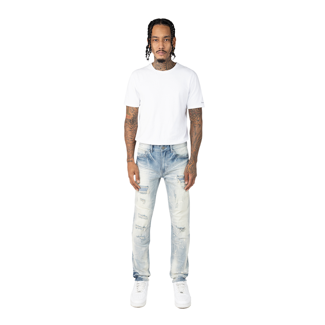 Vaqueros vintage Smoke Rise con roturas y reparación, JP25211, azul acuario