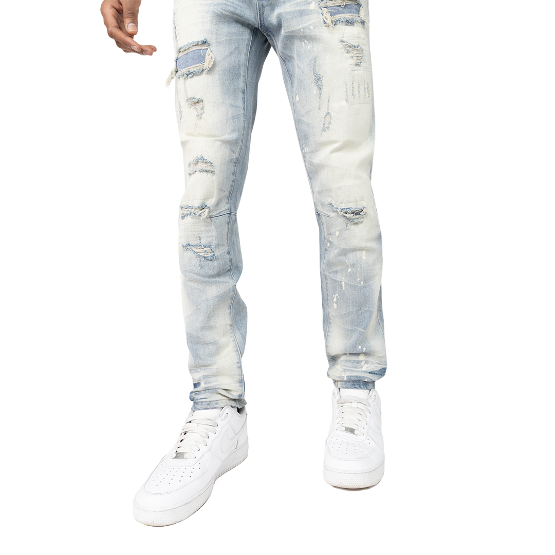 Vaqueros vintage Smoke Rise con roturas y reparación, JP25211, azul acuario