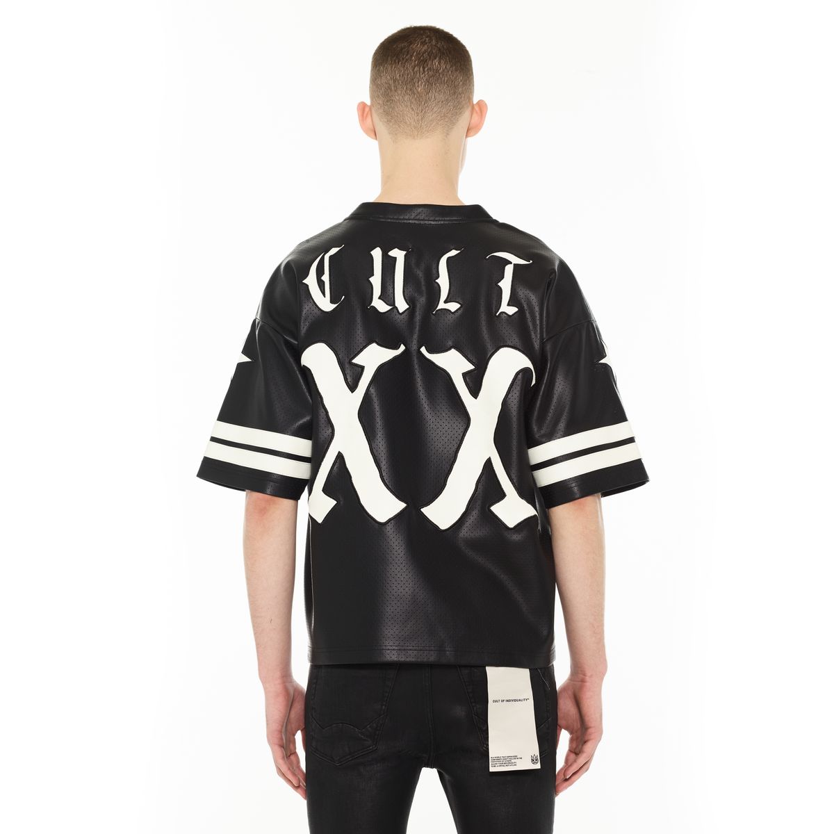 CULT OF INDIVIDUALITY LEATHER FOOTBALL JERSEY (625B12-LJ96A  BLACK FAUX LEATHER