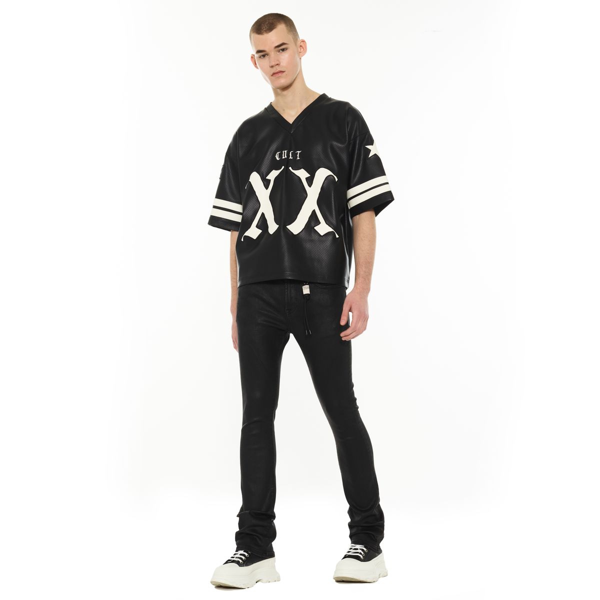 CULT OF INDIVIDUALITY LEATHER FOOTBALL JERSEY (625B12-LJ96A  BLACK FAUX LEATHER