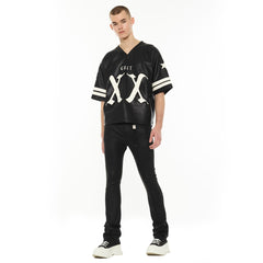 CULT OF INDIVIDUALITY LEATHER FOOTBALL JERSEY (625B12-LJ96A  BLACK FAUX LEATHER