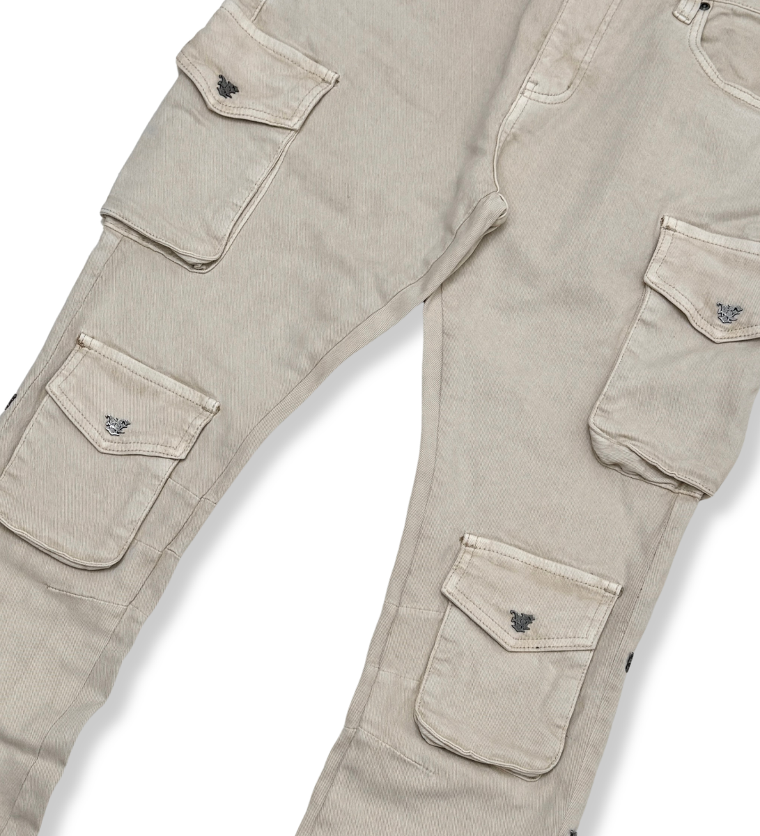 VICIOUS MULTI CARGO FLARE JEANS W/ METAL RIVET DETAIL VC678 LIGHT BEIGE