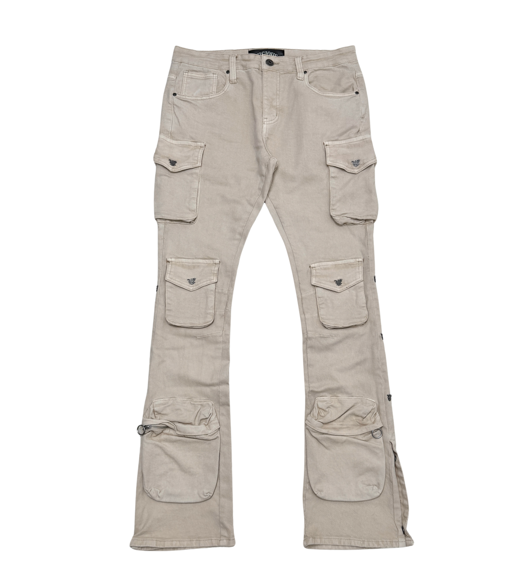 VICIOUS MULTI CARGO FLARE JEANS W/ METAL RIVET DETAIL VC678 LIGHT BEIGE