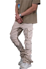 VICIOUS MULTI CARGO FLARE JEANS W/ METAL RIVET DETAIL VC678 LIGHT BEIGE