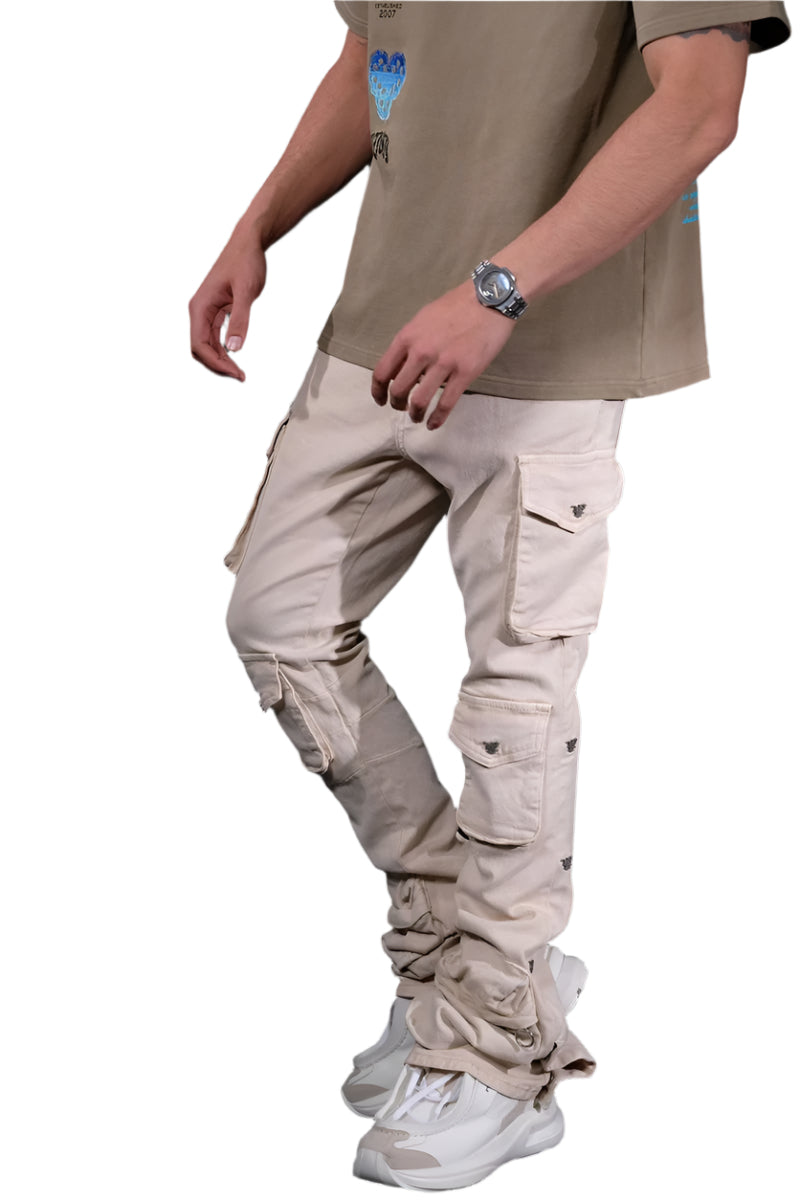 VICIOUS MULTI CARGO FLARE JEANS W/ METAL RIVET DETAIL VC678 LIGHT BEIGE