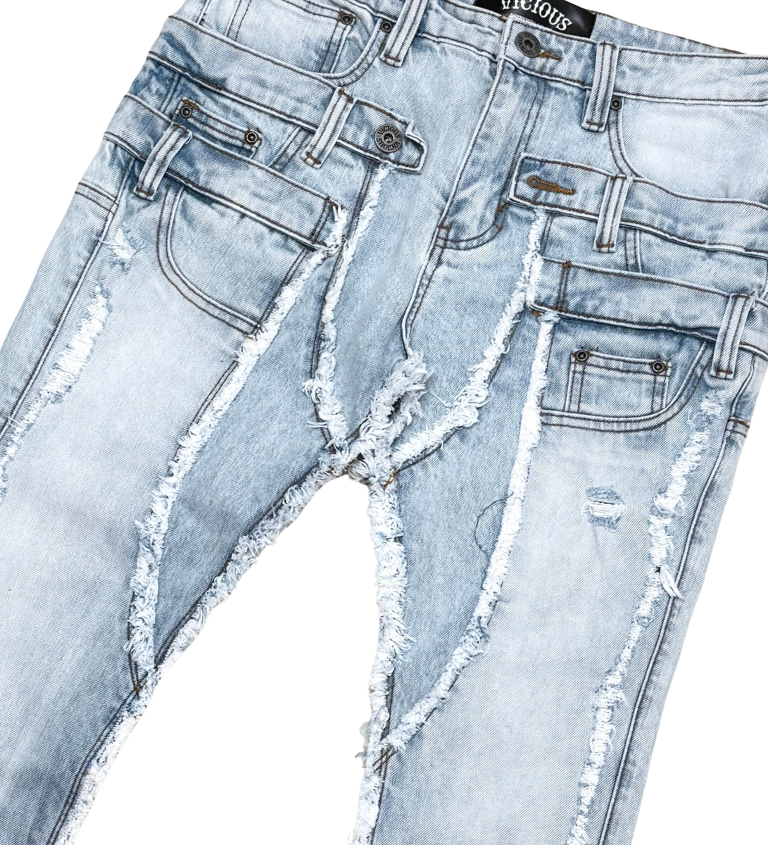 VICIOUS DOUBLE WAISTED FLARE DENIM VC.675 LIGHT BLUE