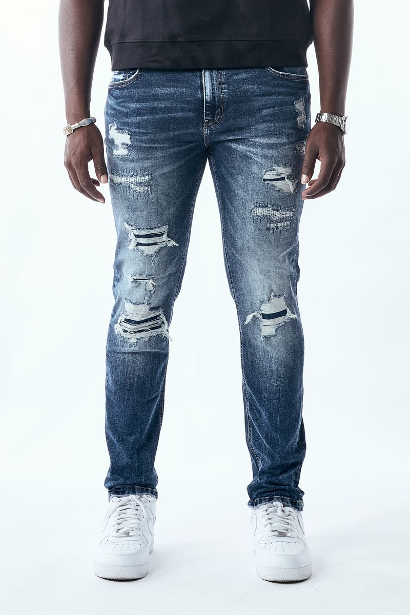 M.SOCIETY MEN'S STACKED FIT RIP AND REPAIR JEANS (MS-80554) BLUE