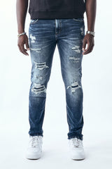 M.SOCIETY MEN'S STACKED FIT RIP AND REPAIR JEANS (MS-80554) BLUE