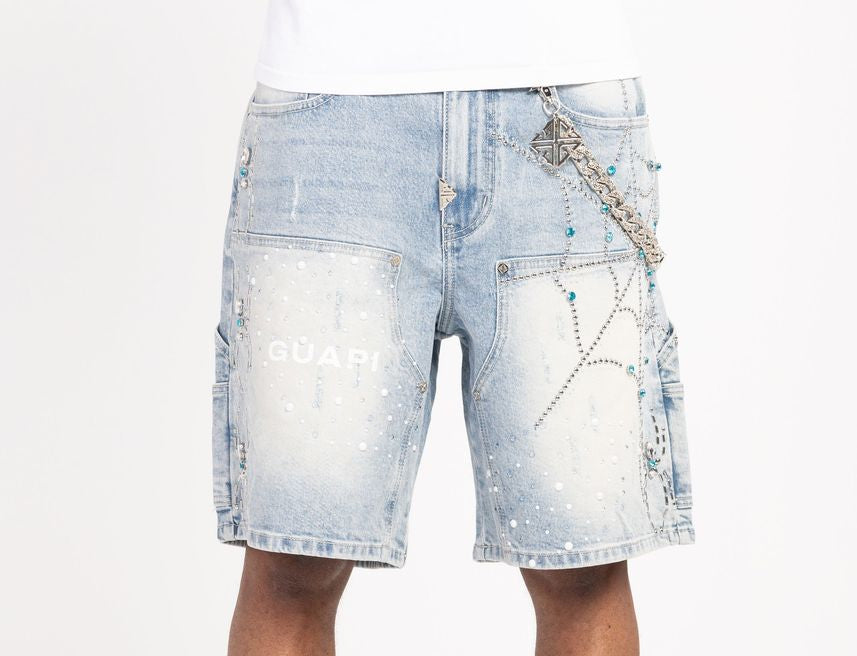 GUAPI SHORTS Aqua Blue Spider Denim Shorts