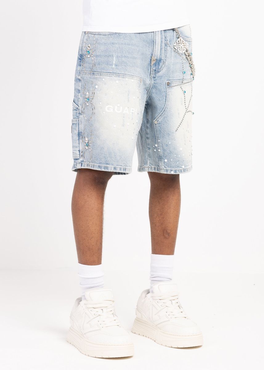 GUAPI SHORTS Aqua Blue Spider Denim Shorts