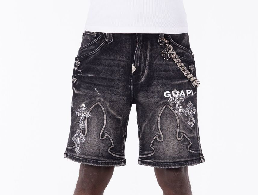 GUAPI Obsidian Black Faded Cross Denim Shorts