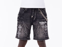 GUAPI Obsidian Black Faded Cross Denim Shorts