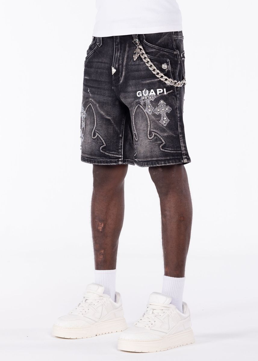 GUAPI Obsidian Black Faded Cross Denim Shorts