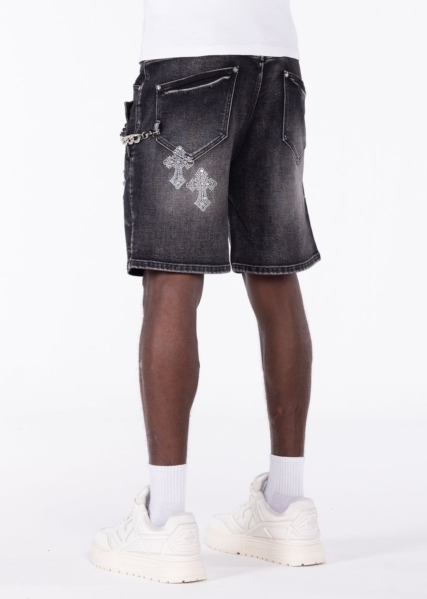 GUAPI Obsidian Black Faded Cross Denim Shorts
