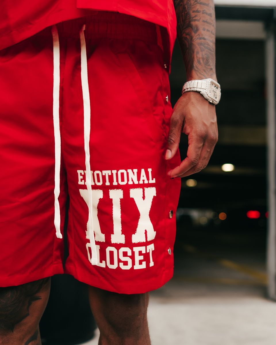 MIXED EMOTION Red “Backyard” Nylon Shirt -SET-Red “Backyard” Nylon Shorts