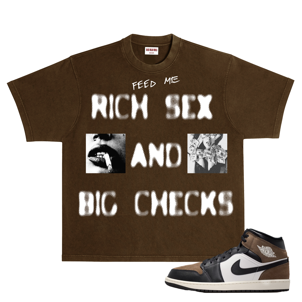 RICH DEAD IDOLS t-shirt "rich sex and sex CHECKS" T-SHIRT BROWN