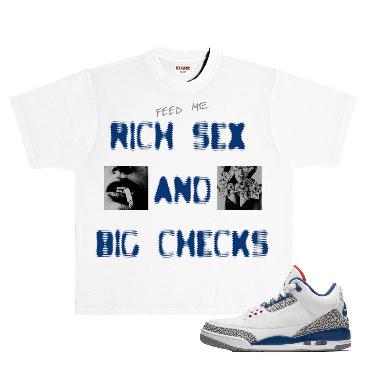 RICH DEAD IDOLS t-shirt  sex and big checks" T-SHIRT WHITE