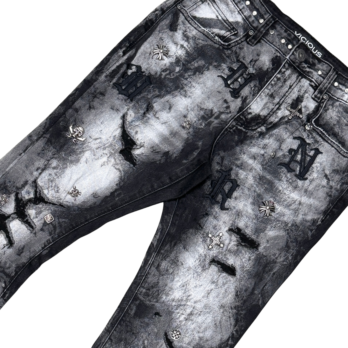 VICIOUS PANTS PREMIUM DENIM WITH LIGHTARTWORK PCS OF STONES