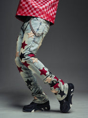 GUAPI  Wine Red Vintage Stars Denim PANTS