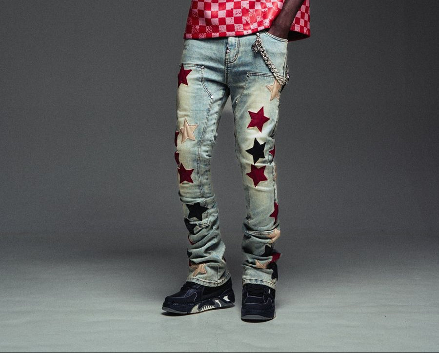 GUAPI  Wine Red Vintage Stars Denim PANTS