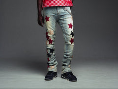GUAPI  Wine Red Vintage Stars Denim PANTS