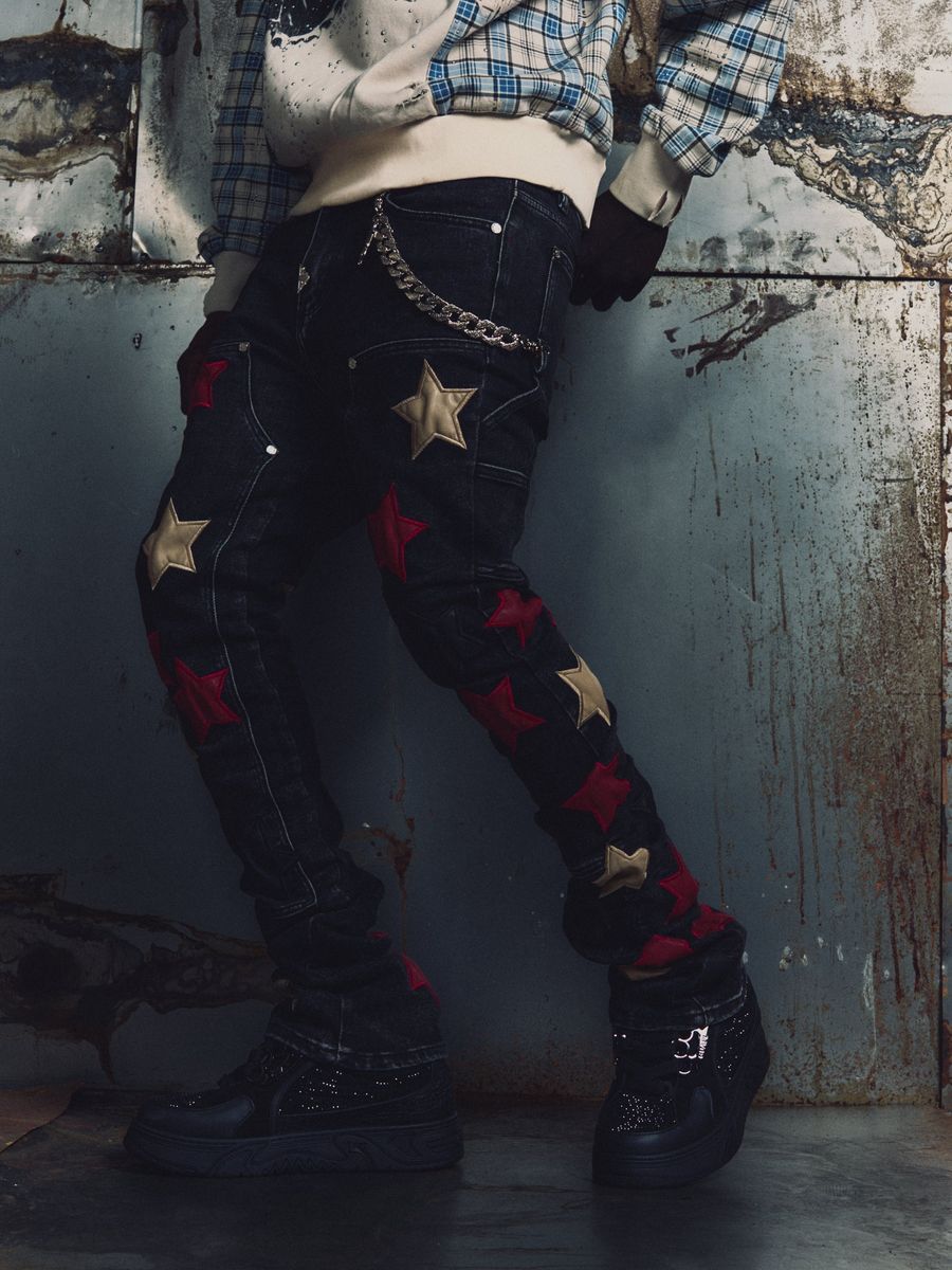 GUAPI Wine Red Stars Denim PANTS